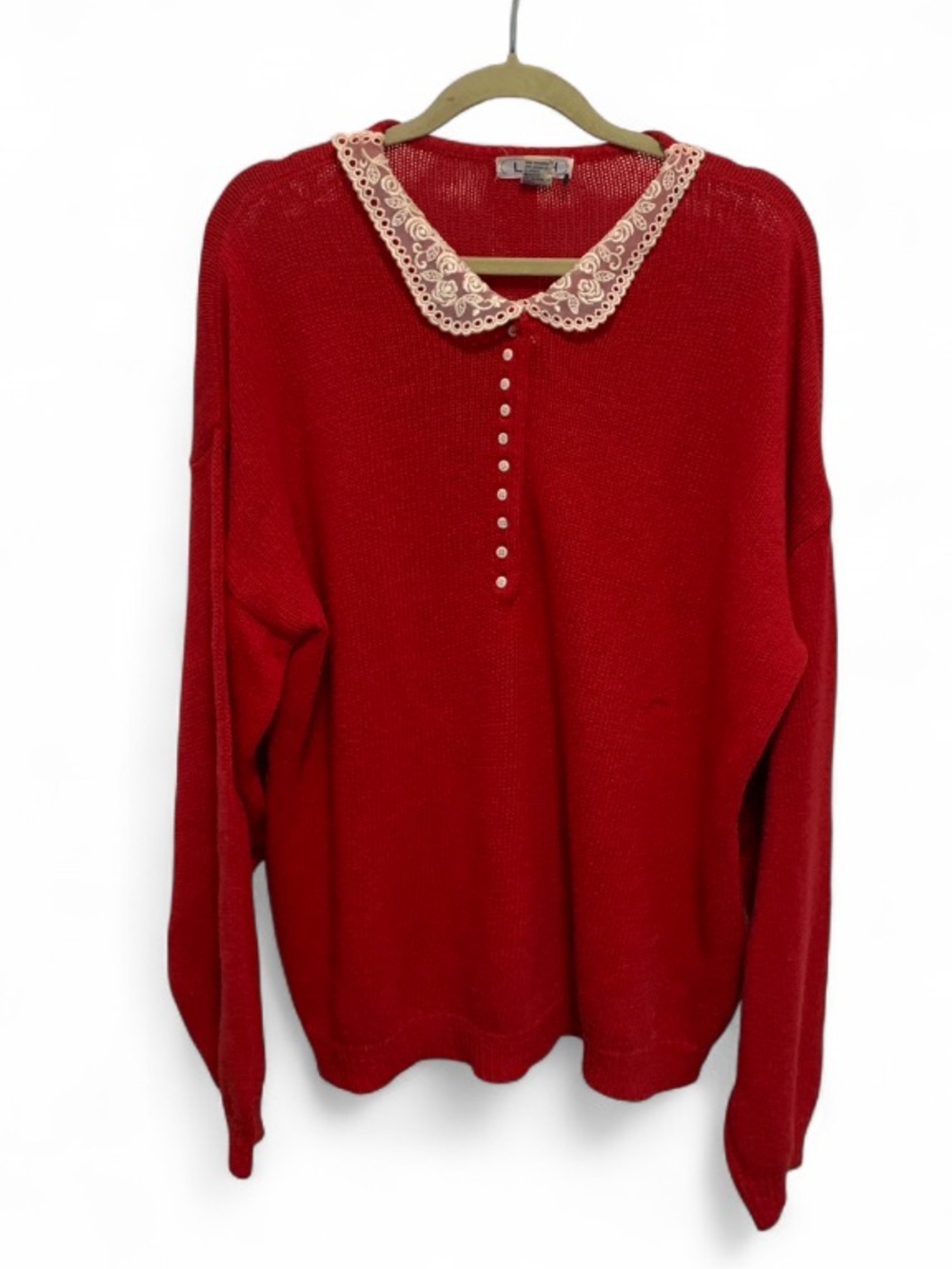 Vintage LOH Red Sweater with Lace Grandma Collar